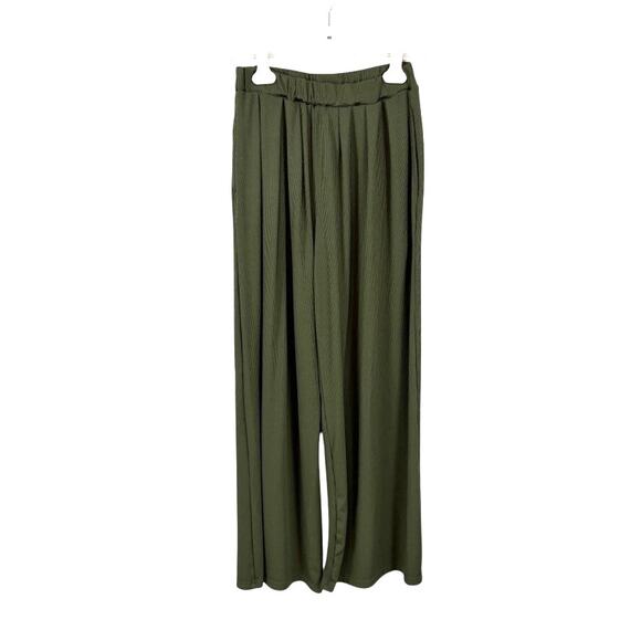 CIDER Wide Leg Pants Pleated Ribbed Pull On Green M - Picture 2 of 8